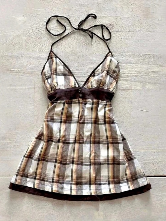 Dresses & Skirts - Plaid Henley Shirt in Brown & White Like New